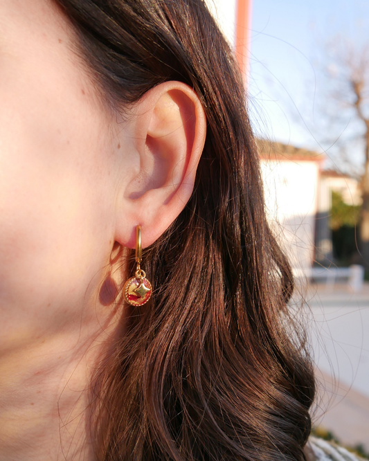 Boucle d'oreille unitaire rond - Bordeaux & doré