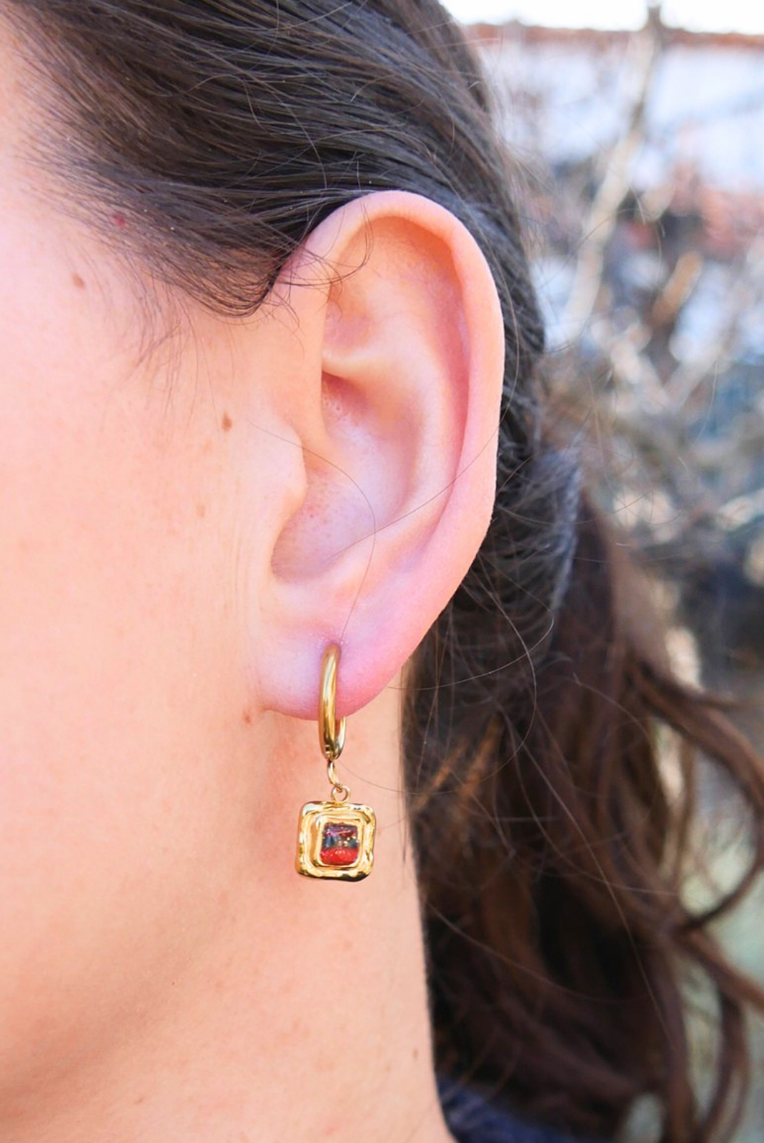Boucle d'oreille unitaire carré - Rouge & vert foncé
