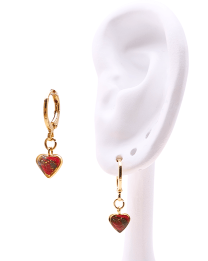 Boucle d'oreille unitaire petit coeur - Rouge & vert foncé